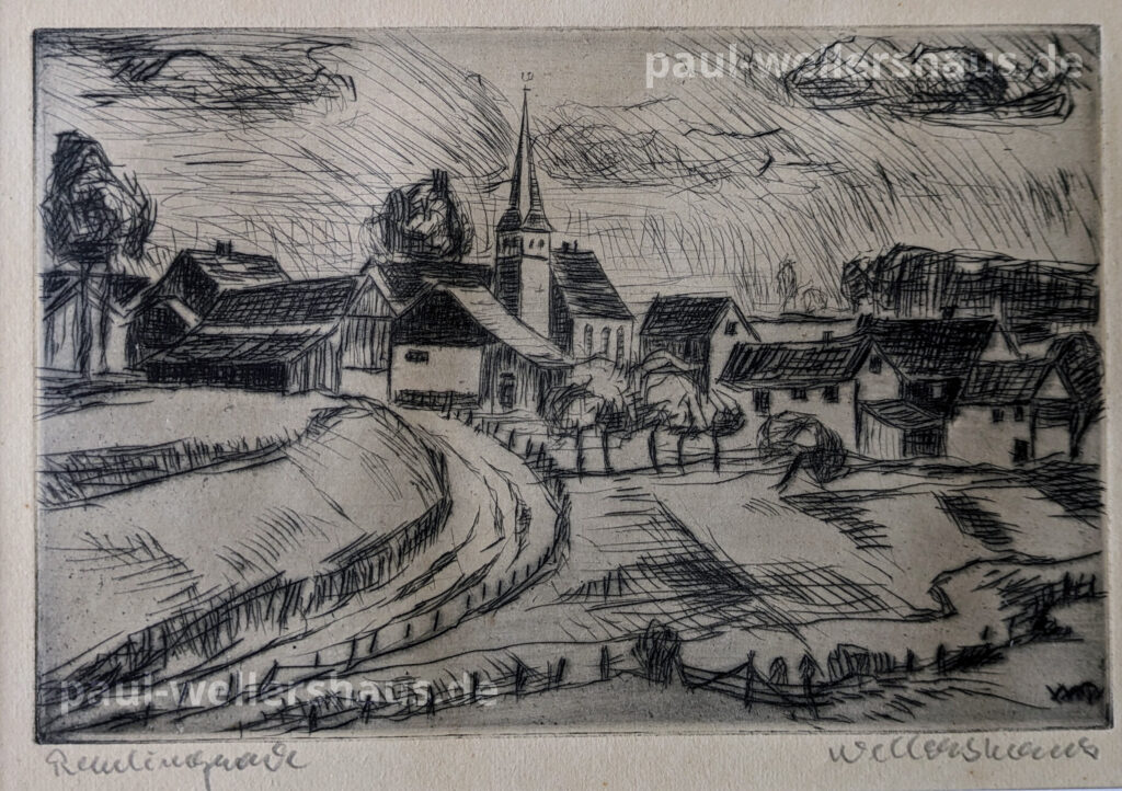 Schwarz-Weiß Gemälde einer Stadt mit Landschaft von Paul Wellershaus