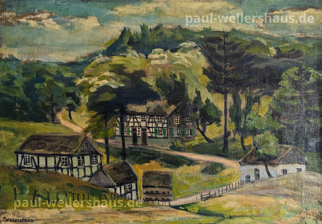 Farbiges Gemälde eines Hofs mit Landschaft von Paul Wellershaus