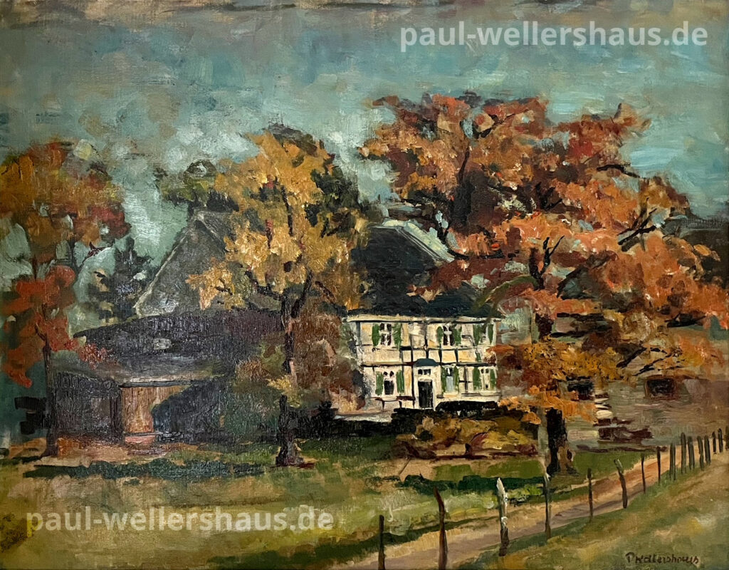 Farbiges Gemälde eines Hofs mit Landschaft von Paul Wellershaus
