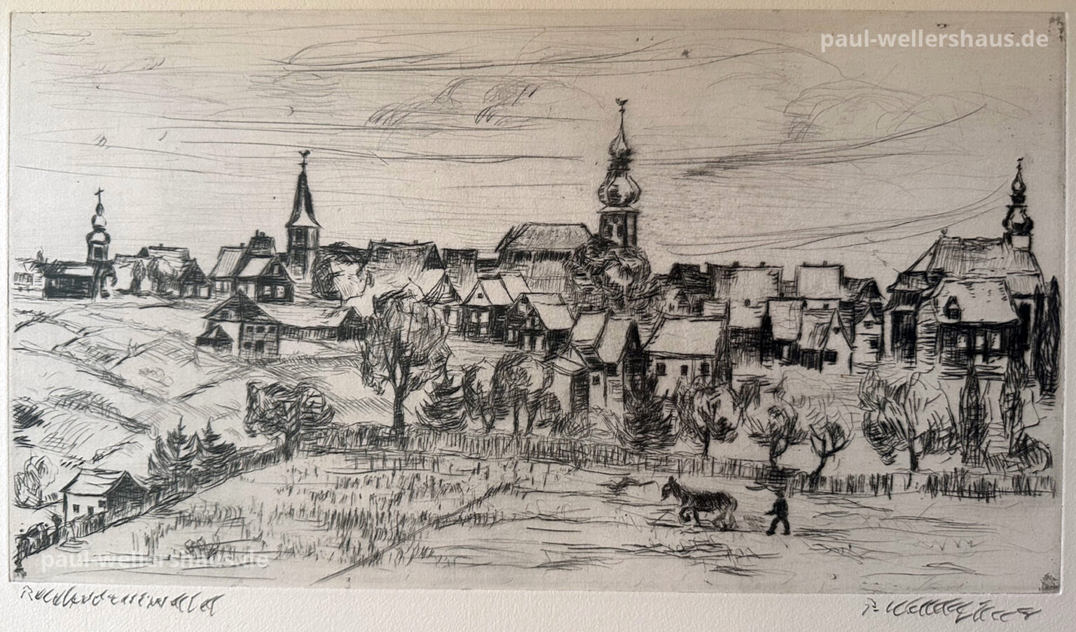 Schwarz-Weiß Gemälde einer Stadt mit Landschaft von Paul Wellershaus