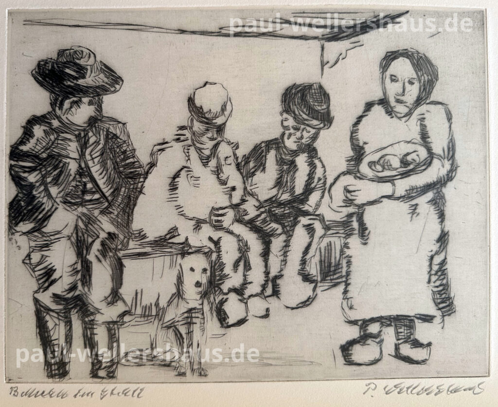 Schwarz-Weiß Gemälde einer Familie von Paul Wellershaus
