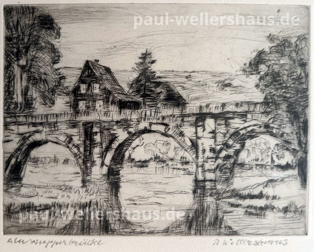 Schwarz-Weiß Gemälde einer Brücke mit Häuschen von Paul Wellershaus